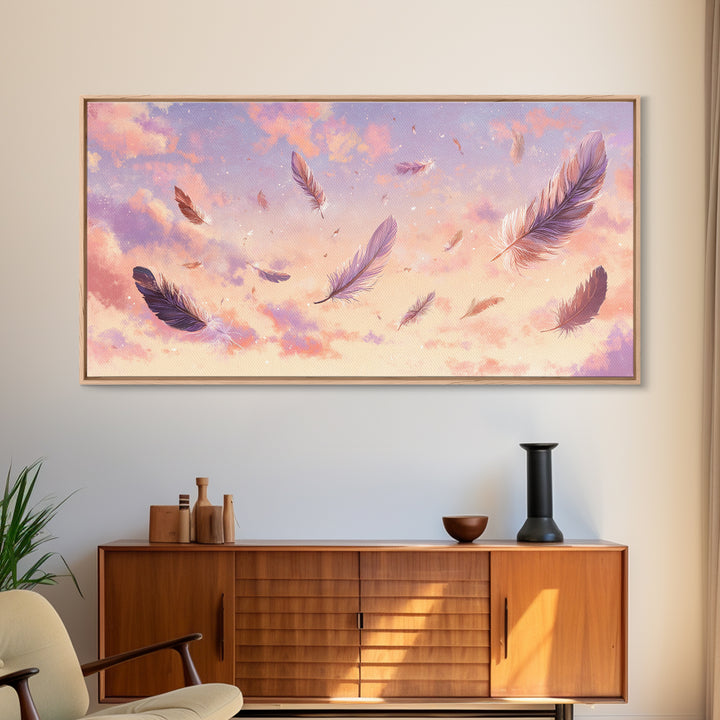Floating Feathers Canvas Print, Pastel Sunset Sky Wall Art, Dreamy Celestial Decor, Soft Boho Bedroom Wall Decor, Gift For Her
