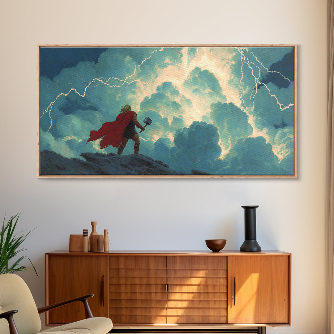 Norse Thunder God With Hammer Wall Art, Lightning Storm Mythology Canvas Decor, Viking Fantasy Print For Game Room Decor