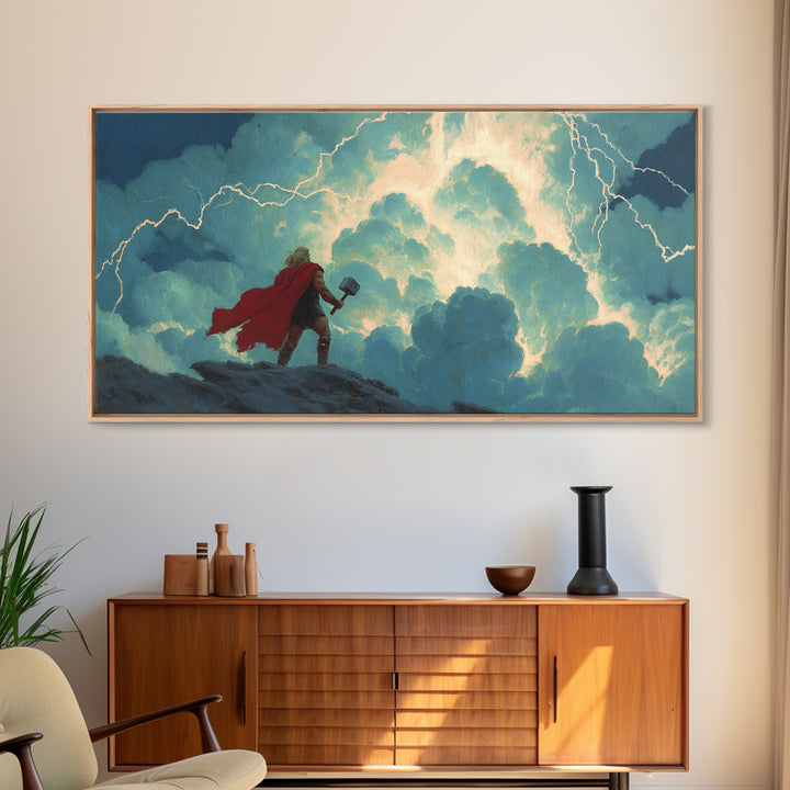 Norse Thunder God With Hammer Wall Art, Lightning Storm Mythology Canvas Decor, Viking Fantasy Print For Game Room Decor