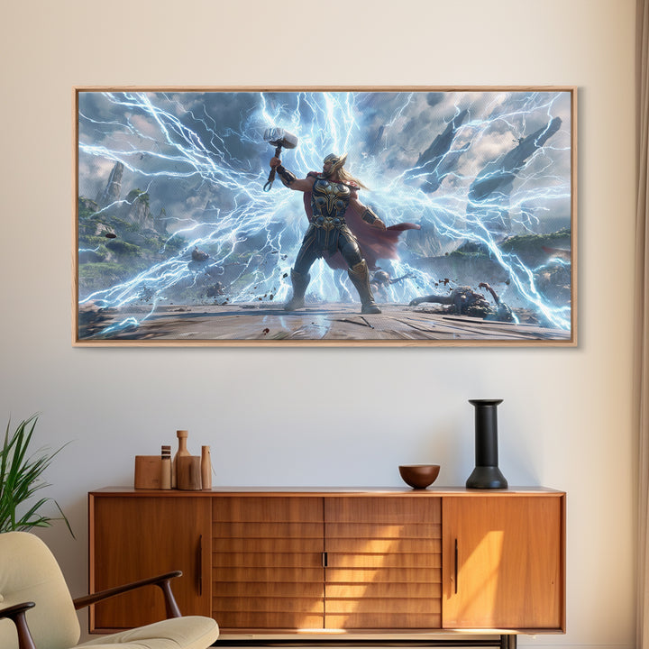Epic Fantasy Artwork Of Thunder God Wielding Hammer Lightning Storm Detailed Surreal Wall Art Canvas Print