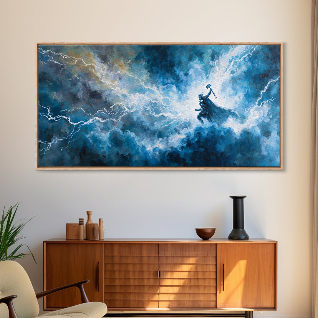 Thunder God In Lightning Storm Canvas Print Epic Fantasy Wall Art, Blue Mythology Home Decor, Viking Inspired Gift For Him