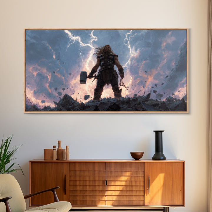 Thunder God Warrior With Hammer And Lightning Wall Art, Mythological Fantasy Canvas Print, Dramatic Storm Decor Gift For Him