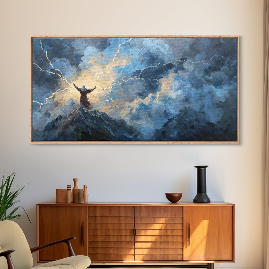 Storm Figure On Mountain Peak Canvas Print Lightning Sky Wall Art, Mythological Fantasy Landscape For Dramatic Home Decor