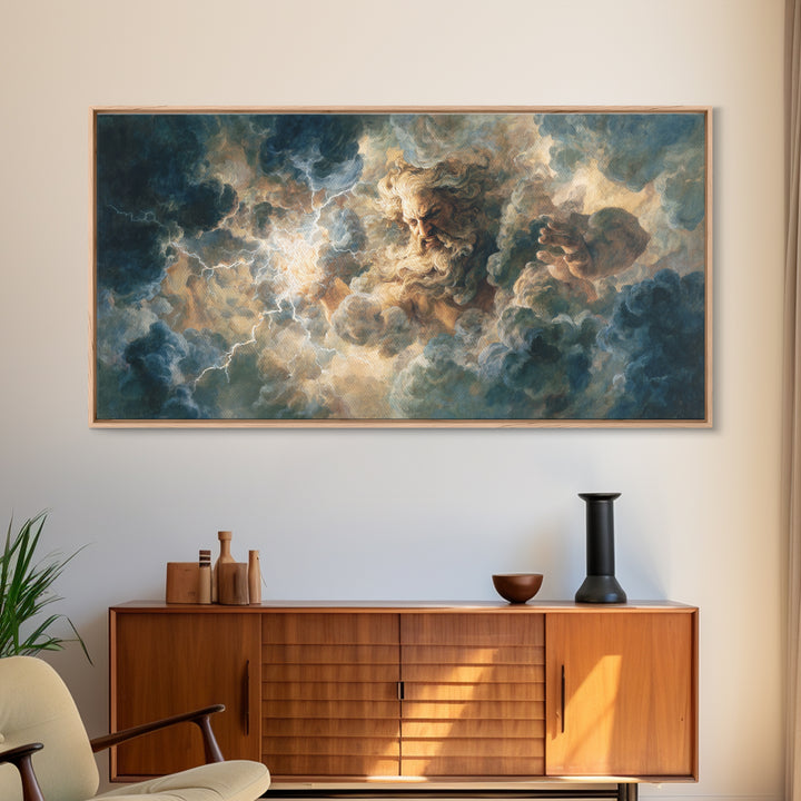 Storm Cloud God With Lightning Wall Art, Mythological Canvas Print, Dramatic Fantasy Decor, Dark Academia Living Room Art