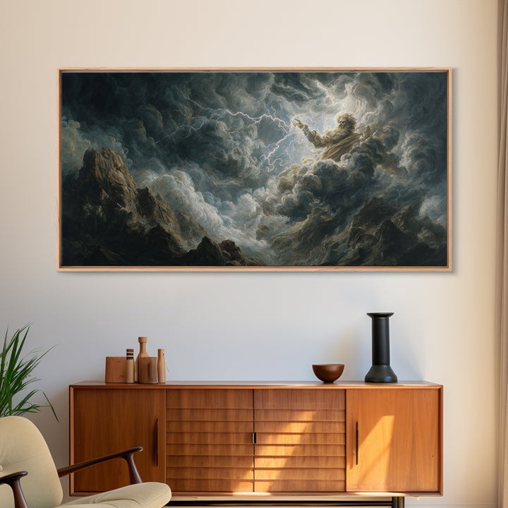 Stormy Divine Figure In Lightning Clouds Wall Art, Dramatic Mythological Canvas Print For Moody Gothic Home Decor And Fantasy Art