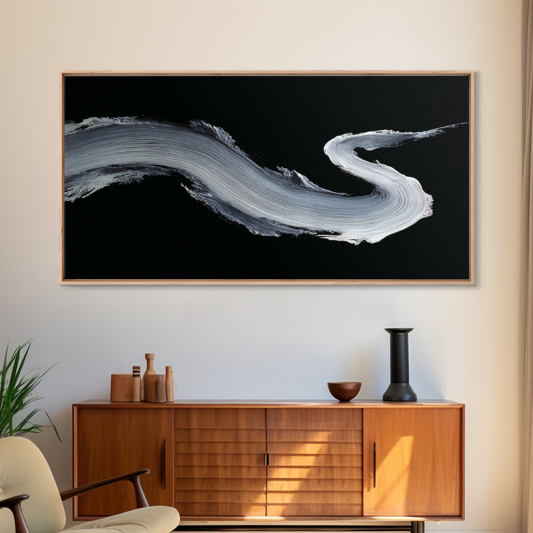 Abstract Bold White Brushstroke On Black Background Modern Wall Art, Canvas Print For Contemporary Home Decor And Office Decoration
