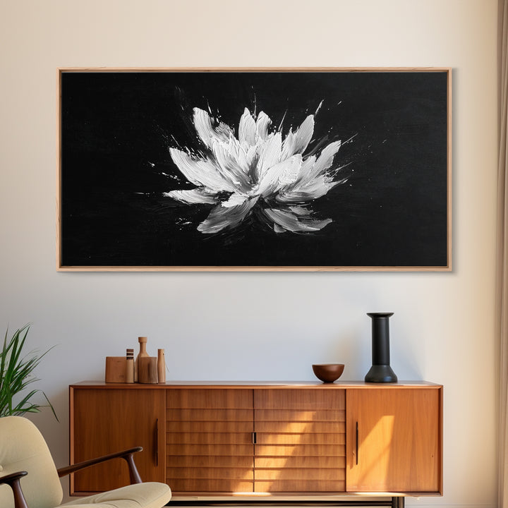 Abstract White Flower On Black Background Minimalist Wall Art Modern Home Decor Canvas Print For Living Room And Bedroom
