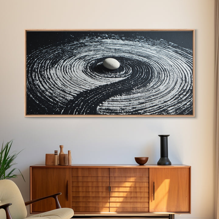 Zen Garden White Stone With Spiral Raked Sand Minimalist Black And White Wall Art Canvas Print