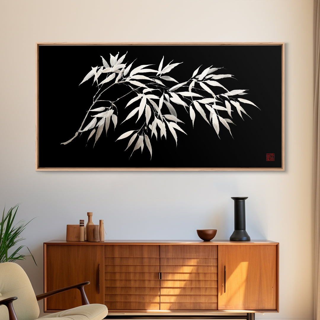 Elegant Monochrome Bamboo Branch Illustration Wall Art Minimalist Wall Decor Black And White Canvas Print For Modern Home