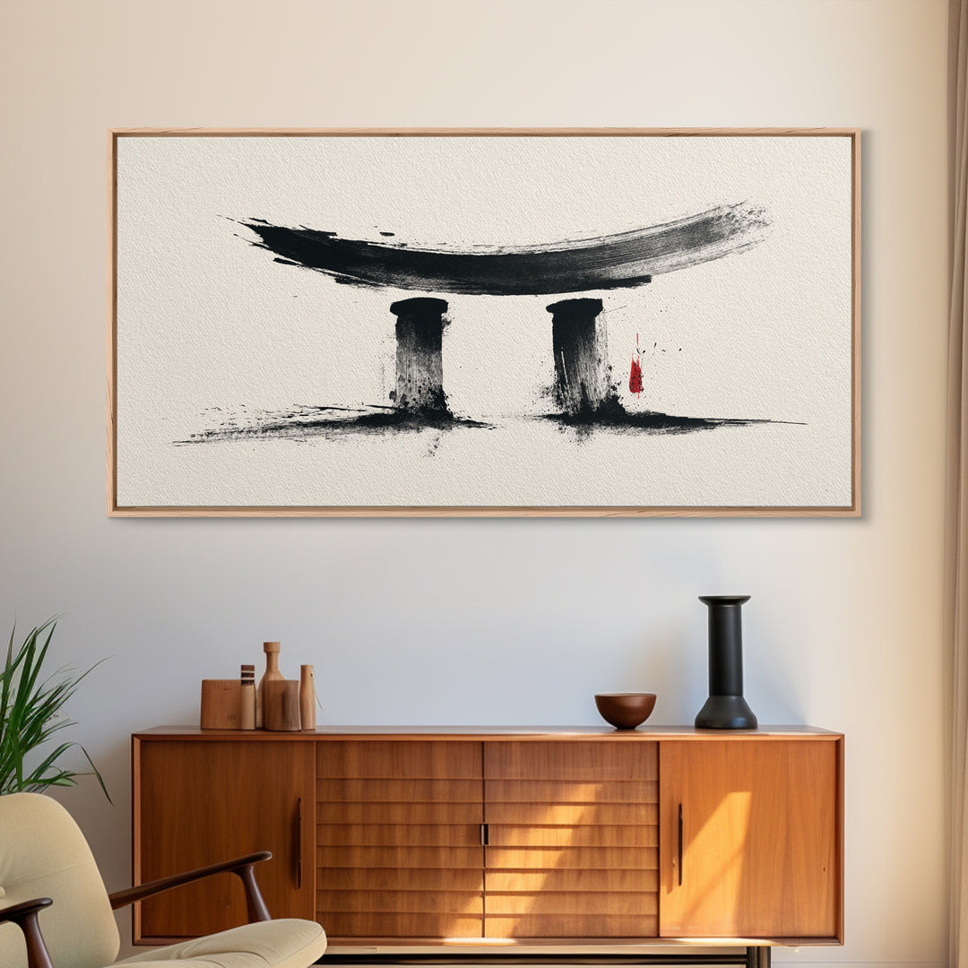 Minimalist Abstract Black Ink Calligraphy Inspired Wall Art Featuring Stylized Traditional Japanese Torii Gate In Ink Wash Style Framed Canvas Print