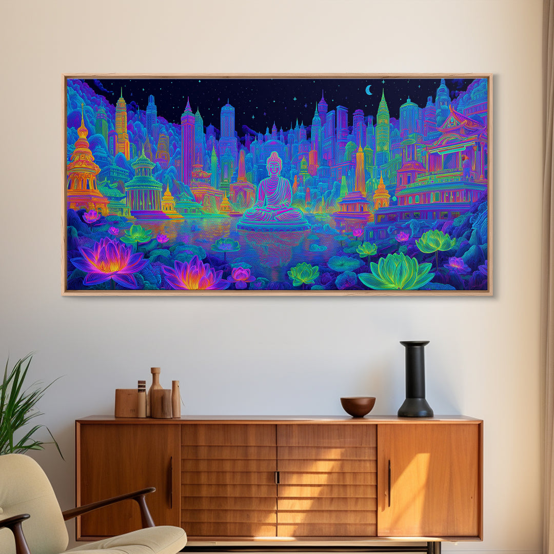 Vibrant Neon Cityscape With Buddha Statue And Lotus Flowers Modern Wall Art Colorful Spiritual Canvas Print