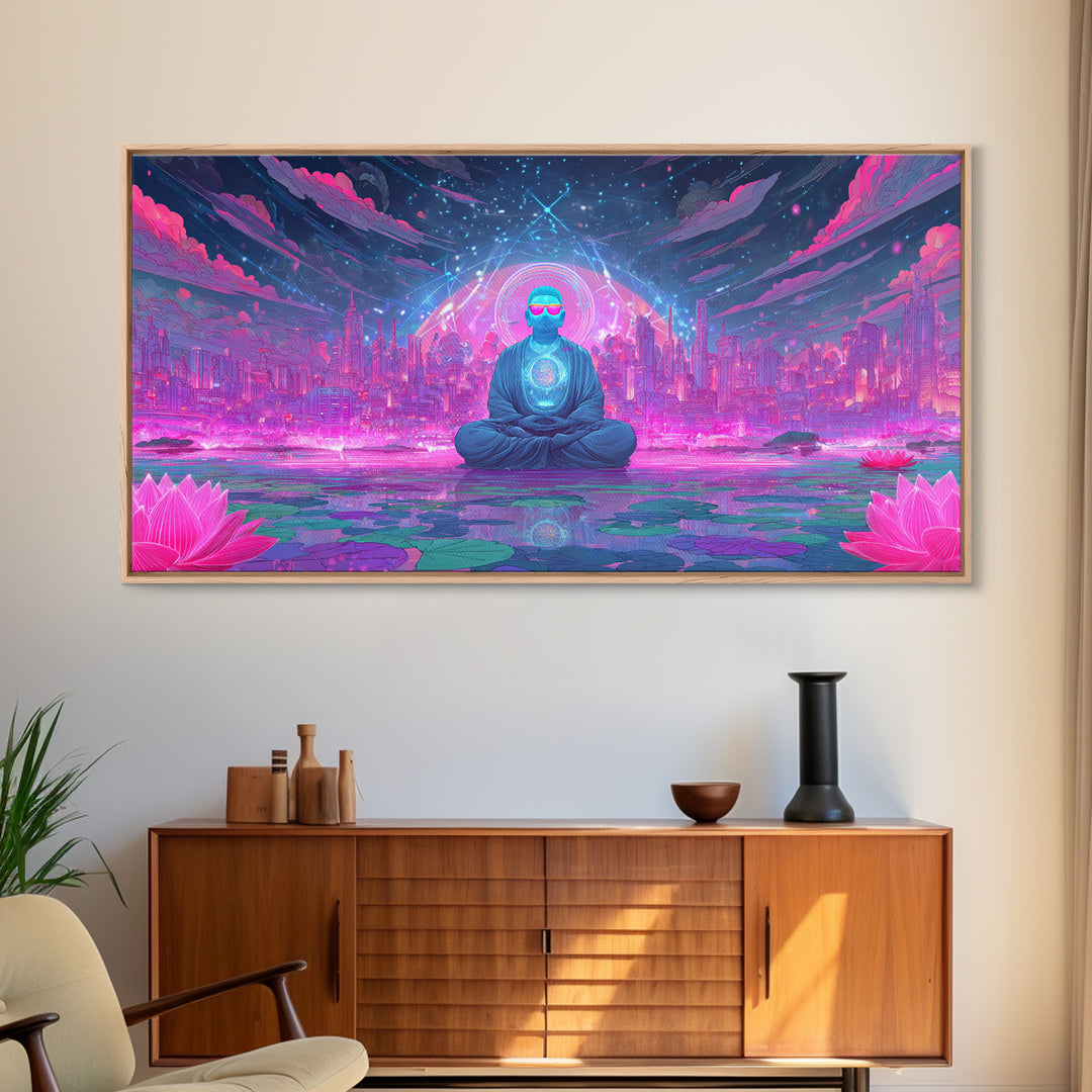 Futuristic Meditating Figure With Neon Cityscape Abstract Wall Art Framed Canvas Print For Office And Living Room