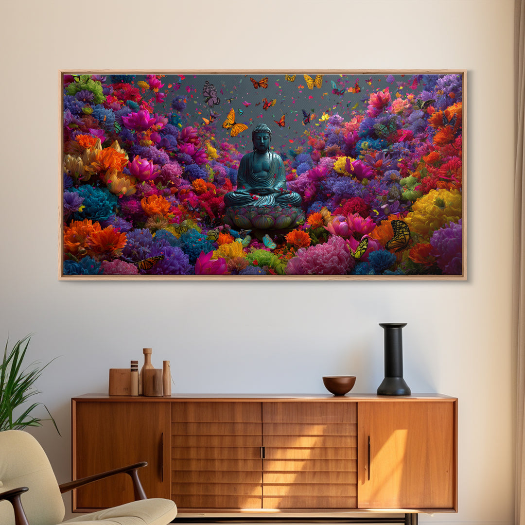 Meditative Buddha Statue Surrounded By Colorful Flowers And Butterflies Contemporary Wall Art Framed Canvas Print