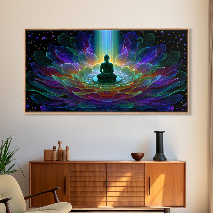 Spiritual Buddha Lotus Flower Meditation Colorful Neon Mandala Wall Art Canvas Print For Zen Room