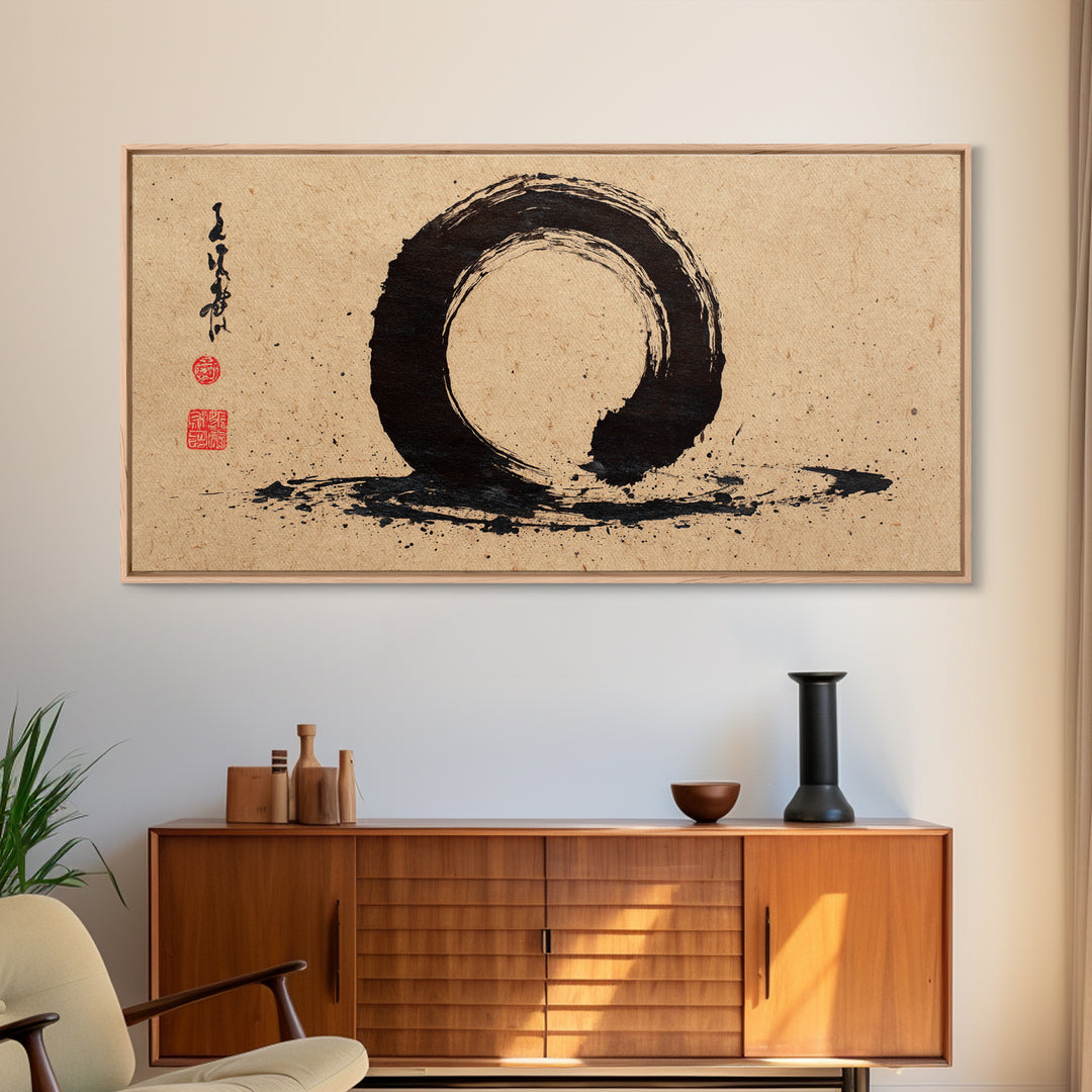 Minimalist Black Ink Enso Circle Painting On Textured Paper Modern Abstract Wall Art Framed Canvas Print For Contemporary Home Decor