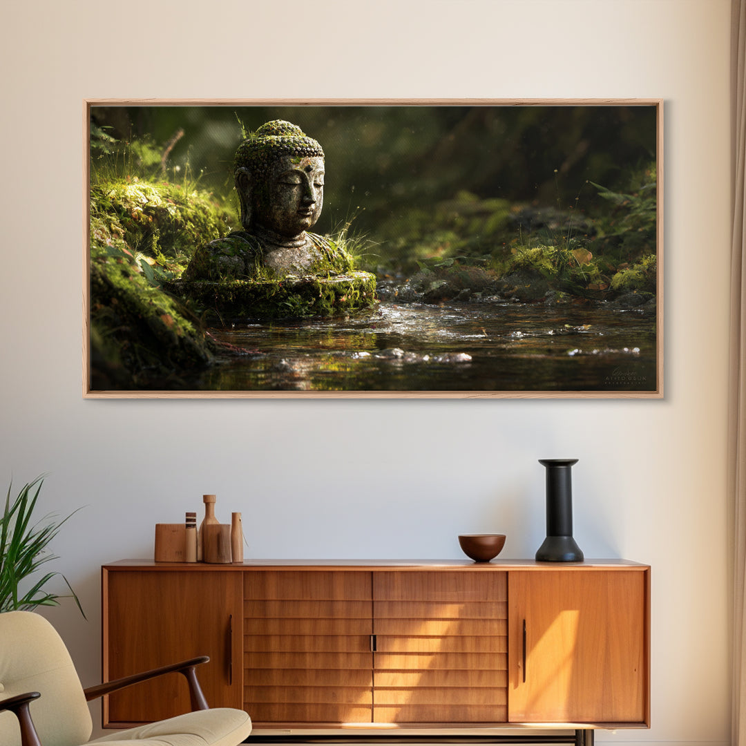 Serene Buddha Statue In Mossy Forest Water Reflection Wall Art Framed Canvas Print For Spa Zen Home Decor