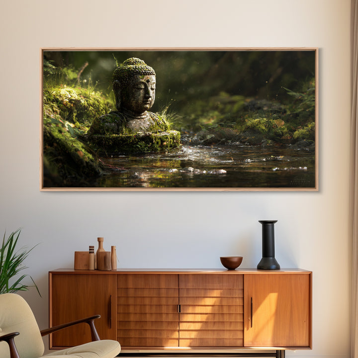 Serene Buddha Statue In Mossy Forest Water Reflection Wall Art Framed Canvas Print For Spa Zen Home Decor