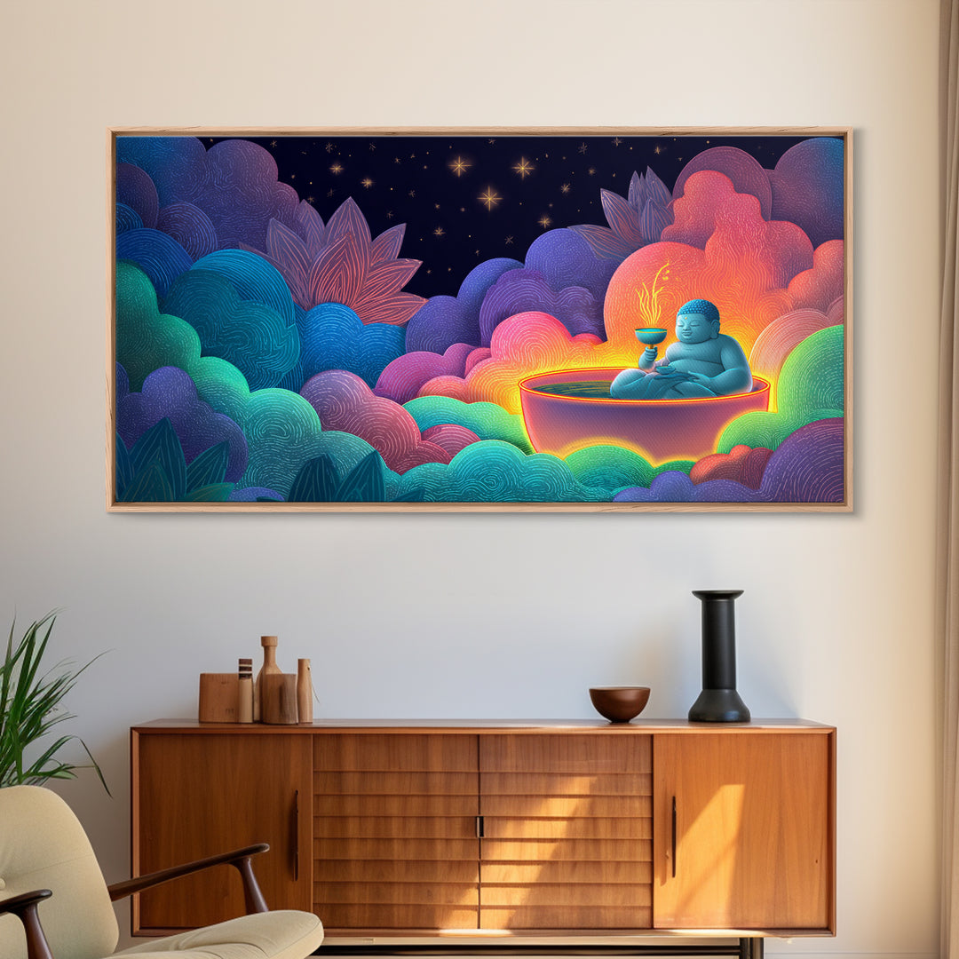Colorful Vibrant Buddha With Neon Aura And Dynamic Clouds Spiritual Wall Art For Meditation Room And Yoga Studio Canvas Print