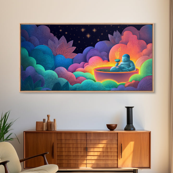 Colorful Vibrant Buddha With Neon Aura And Dynamic Clouds Spiritual Wall Art For Meditation Room And Yoga Studio Canvas Print
