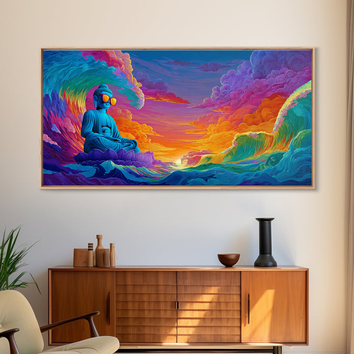 Vibrant Ocean Waves And Blue Buddha Sunset Landscape Wall Art Canvas Print For Relaxing Home Decor And Living Room