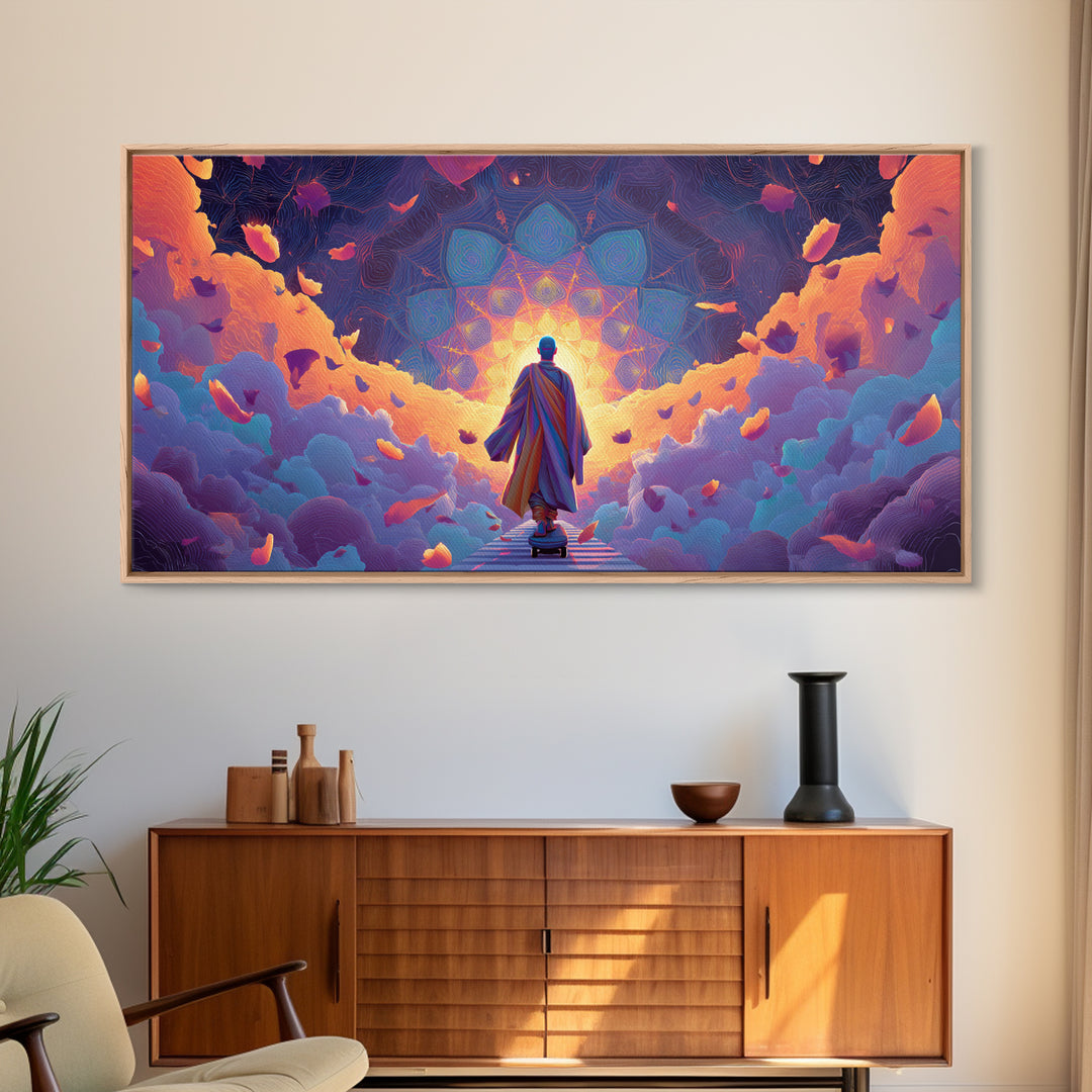 Mystical Monk Walking On Path Surrounded By Glowing Petals Spiritual Canvas Print Meditative Wall Art For Home Decor