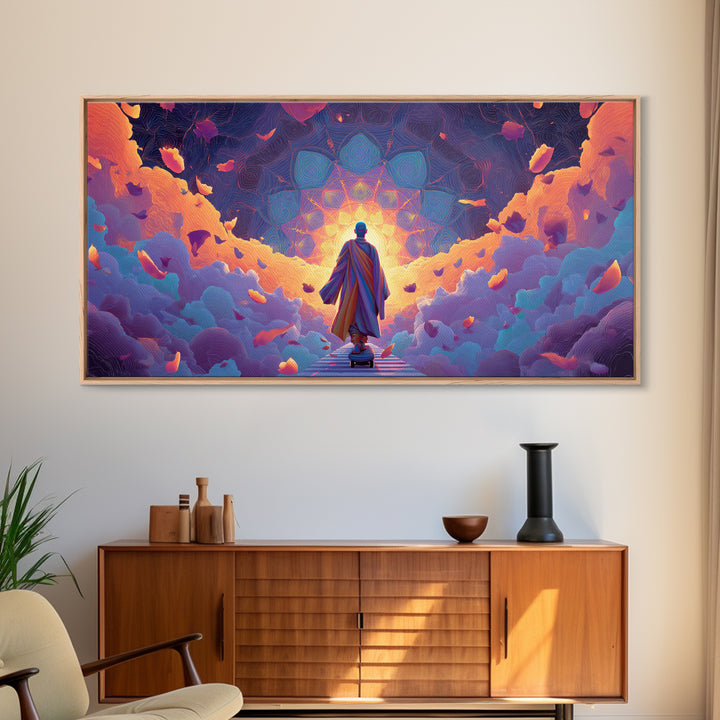 Mystical Monk Walking On Path Surrounded By Glowing Petals Spiritual Canvas Print Meditative Wall Art For Home Decor