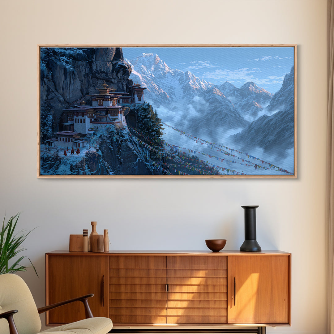Snowy Mountain Monastery Landscape With Prayer Flags Serene Nature Scene Wall Art Framed Canvas Print For Meditation Room Decor