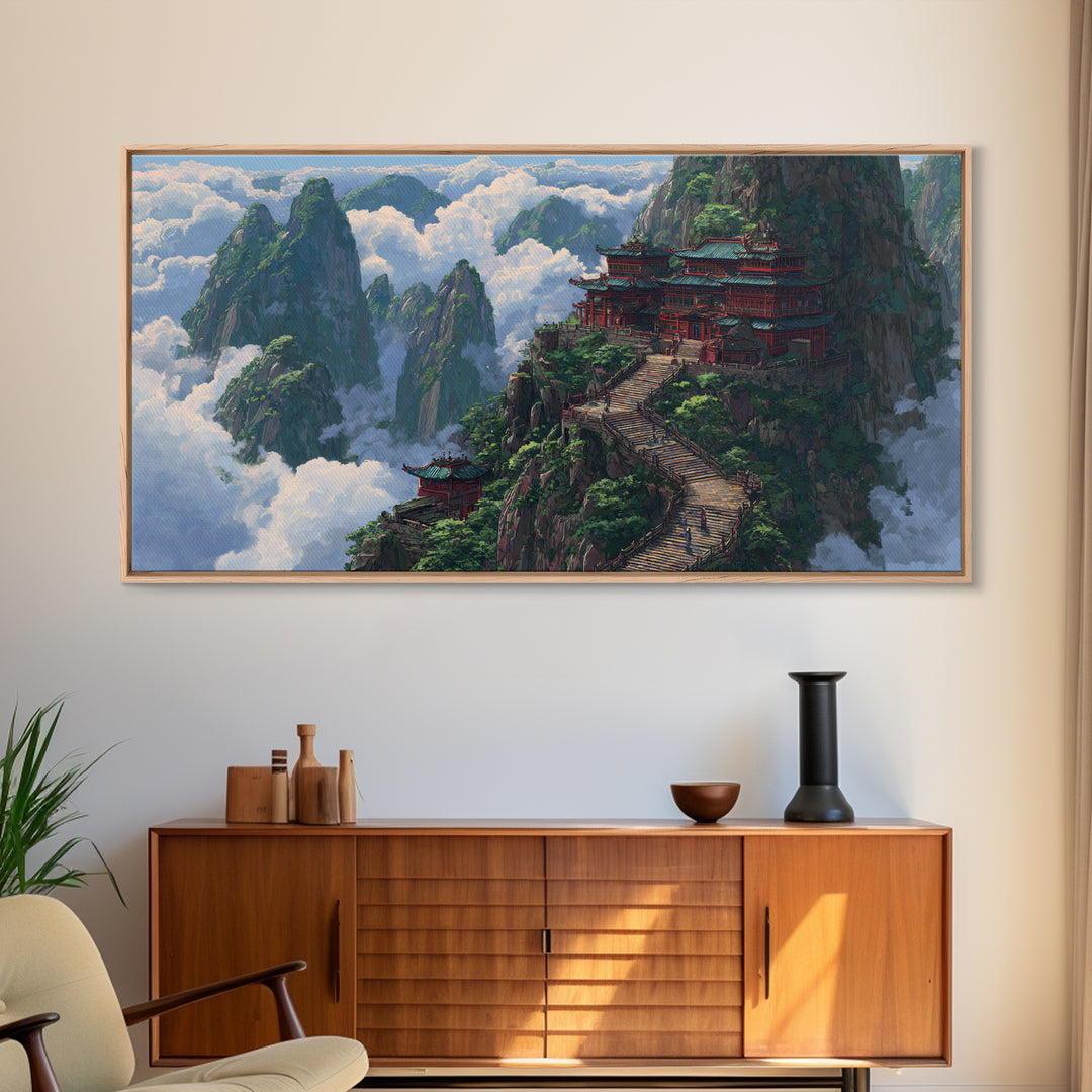 Scenic Traditional Asian Mountain Temple Landscape Painting Framed Canvas Print, Large Wall Art For Living Room Decor And Housewarming Gift
