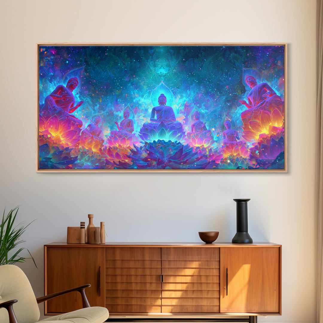 Mystical Buddha Statues Surrounded By Vibrant Lotus Flowers Spiritual Wall Art For Yoga Room Decor Canvas Print