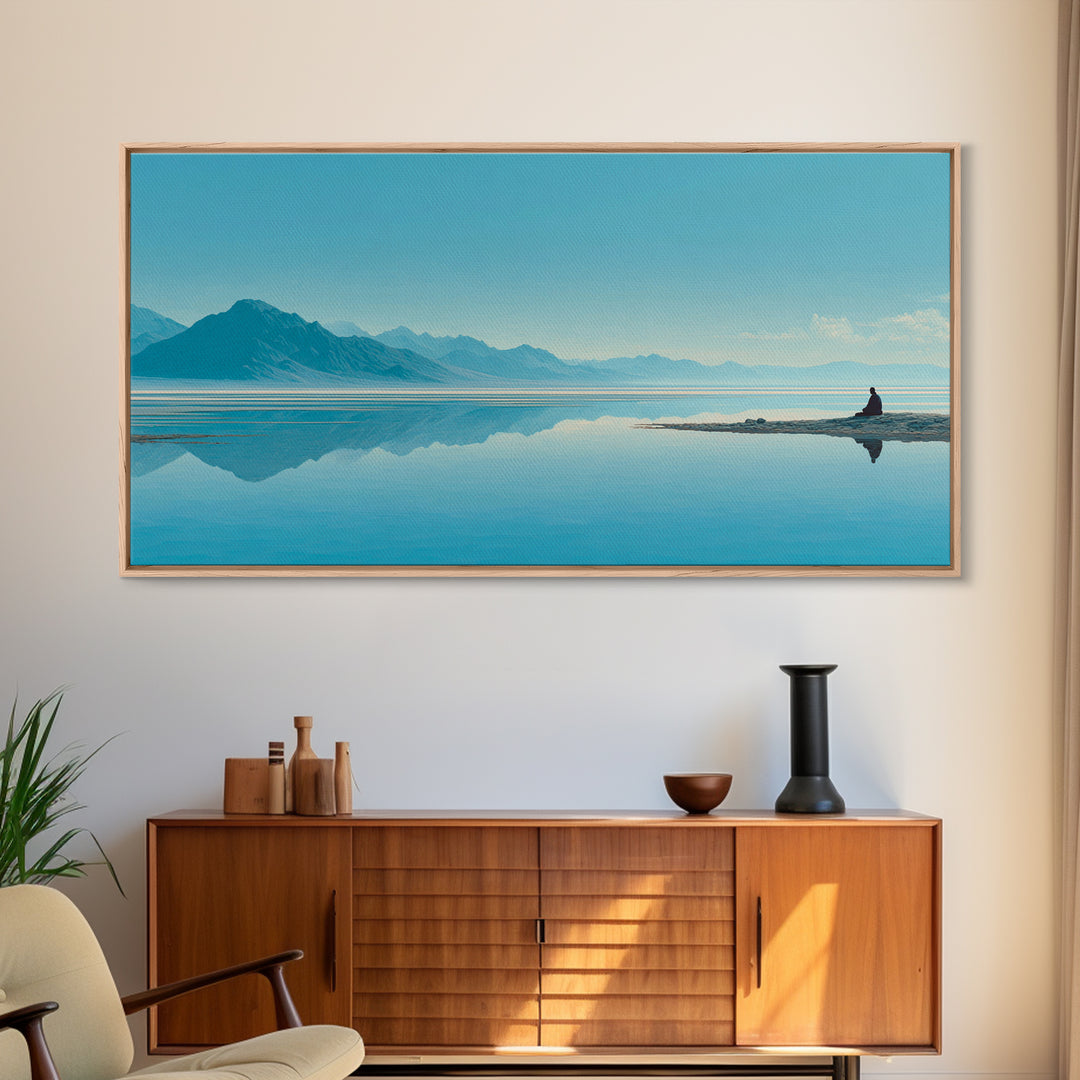 Tranquil Meditation Scene On Lake With Person Sitting Calm Water And Mountains Framed Canvas Print Zen Wall Art For Home Decor