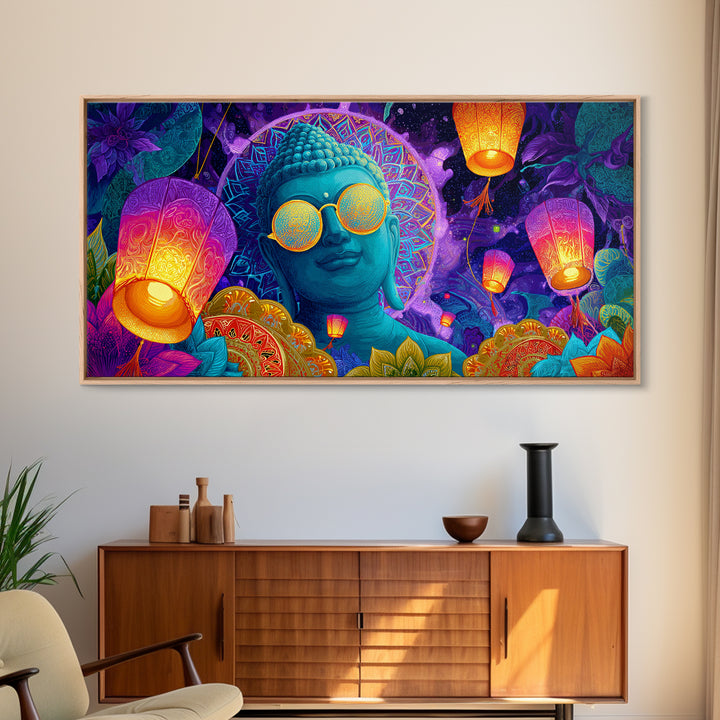 Colorful Buddha Statue With Lanterns And Floral Mandala Neon Art Print Modern Spiritual Wall Art Framed Canvas Print