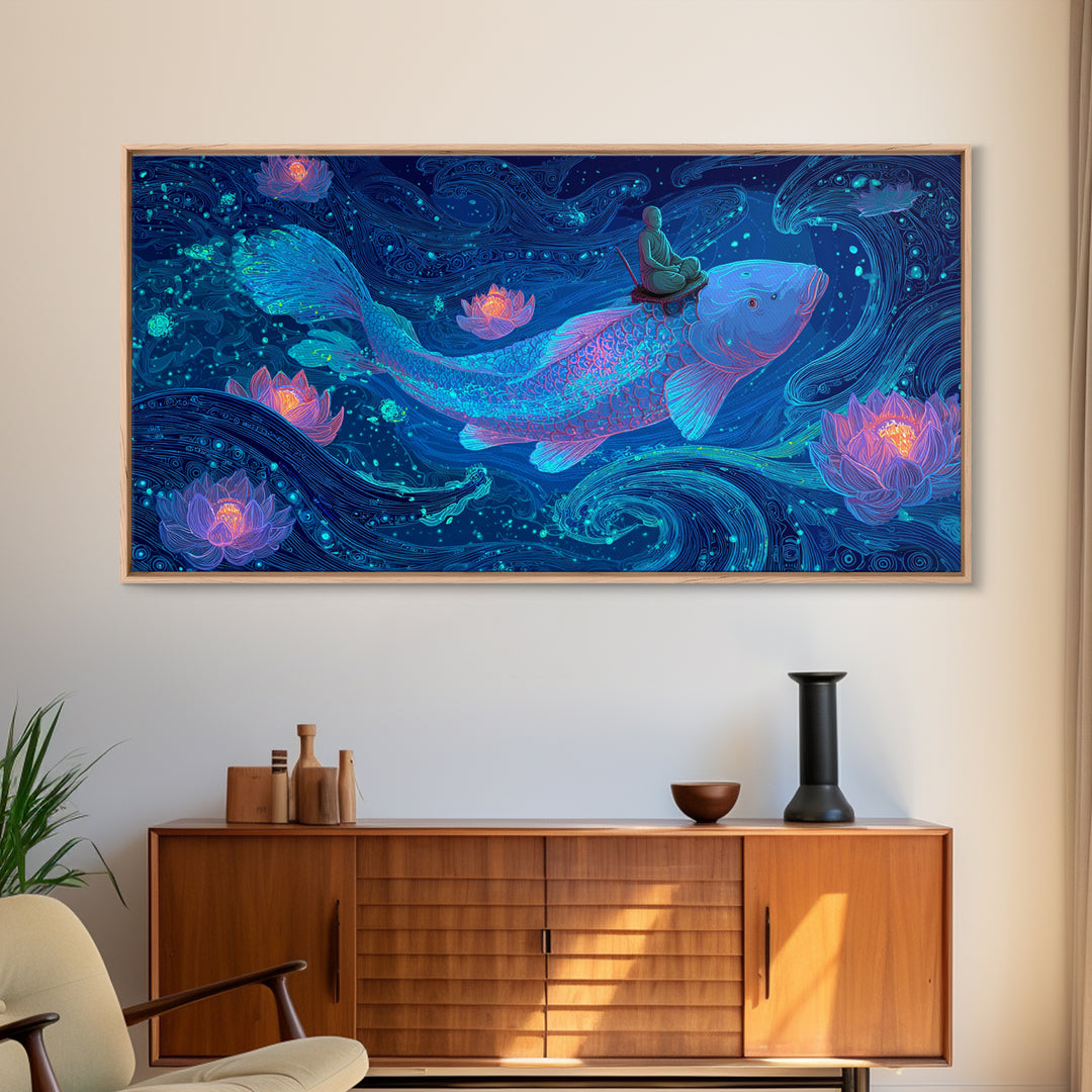 Magical Koi Fish Swimming Among Lotus Flowers In Blue Water Contemporary Wall Art Canvas Print For Zen Home Decor And Spa Rooms
