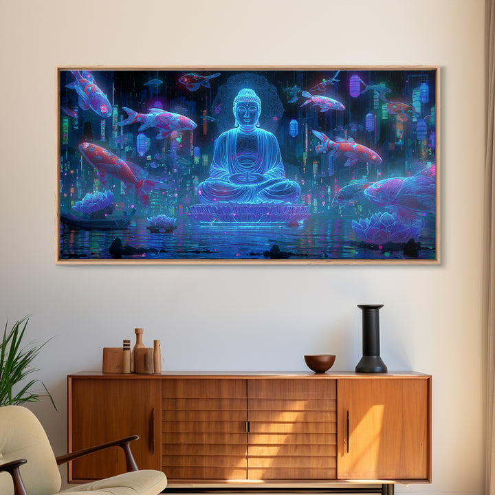 Mystical Neon Buddha Sitting With Koi Fish In Cyber Water Garden Wall Art Digital Canvas Print For Modern Home Decor