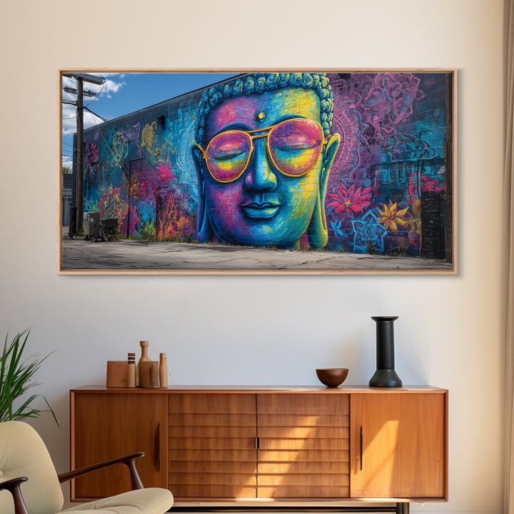 Colorful Graffiti Mural Of Buddha Wearing Sunglasses Vibrant Street Art Wall Art Framed Canvas Print