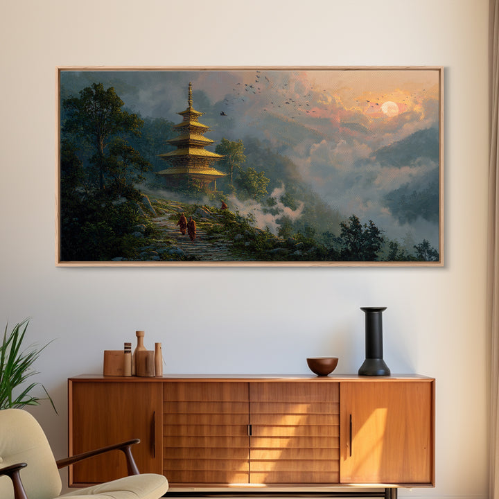 Serene Mystic Temple Amidst Lush Nature With Rising Sun Landscape Wall Art, Original Painting, Zen Home Decor Framed Canvas Print