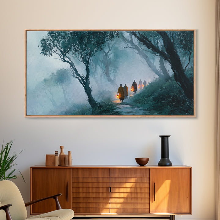 Mystical Monks Walking With Lanterns Through Foggy Forest Trail Wall Art Framed Canvas Print For Tranquil Home Decor