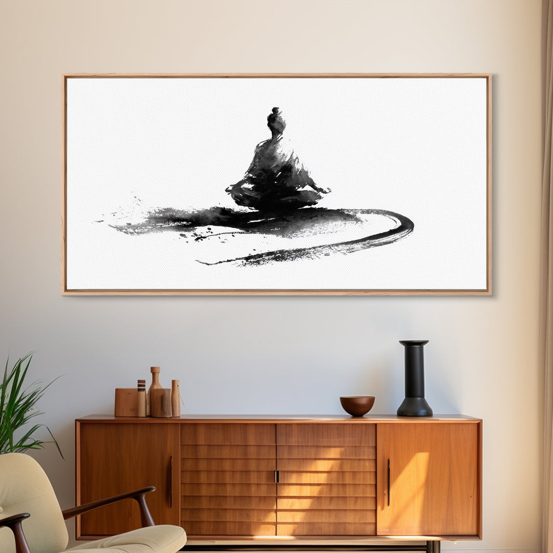 Minimalist Black And White Ink Painting Of Meditating Figure Abstract Wall Art Canvas Print For Modern Home Decor