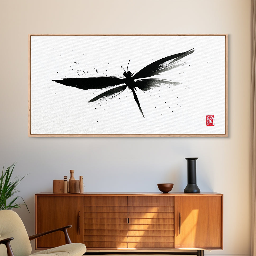 Zen Brush Stroke Dragonfly Japanese Ink Painting Minimalist Black And White Wall Art For Modern Home Decor Canvas Print
