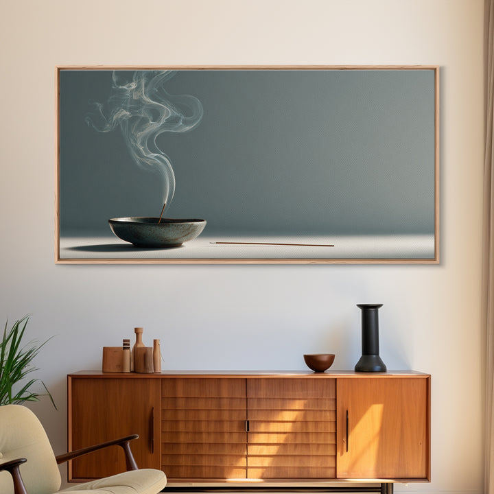 Minimalist Still Life Incense Burner With Smoke Rising On Muted Background Contemporary Zen Wall Art Canvas Print For Home Relaxation