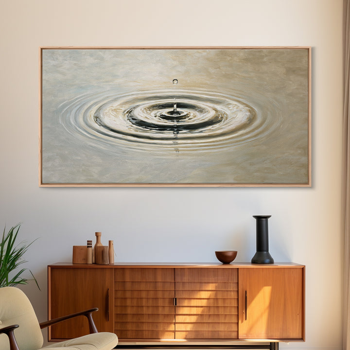 Hyperrealistic Water Drop Ripples Painting, Neutral Wall Art Framed Canvas Print For Modern Living Room Decor And Meditation Space