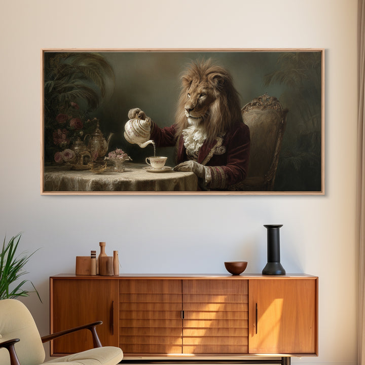 Regal Lion Having Afternoon Tea Wall Art, Whimsical Animal Canvas Print, Funny Bathroom Decor, Unique Gift For Her, Quirky Wall Decor