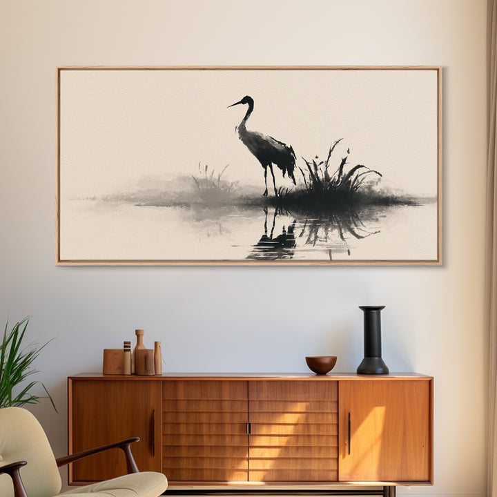 Elegant Black Crane Silhouette Reflecting Over Calm Water Minimalist Wall Art Framed Canvas Print For Home Decor