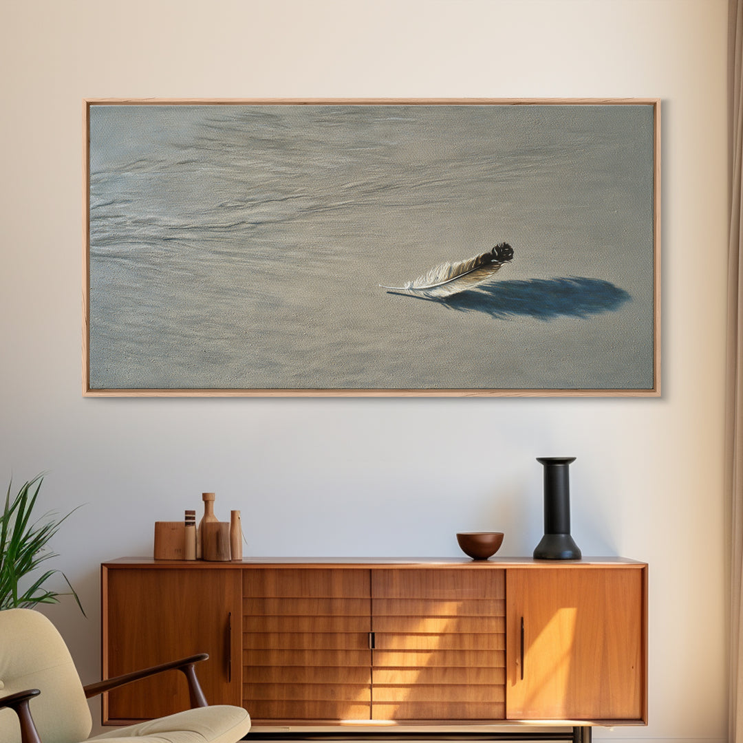 Delicate Single Feather With Realistic Shadow In Soft Beige Canvas Print For Elegant Wall Art Home Decor