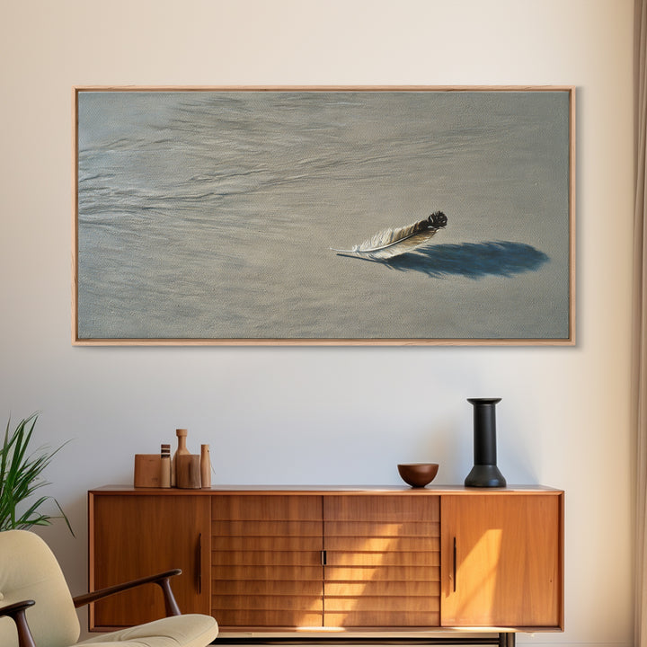Delicate Single Feather With Realistic Shadow In Soft Beige Canvas Print For Elegant Wall Art Home Decor