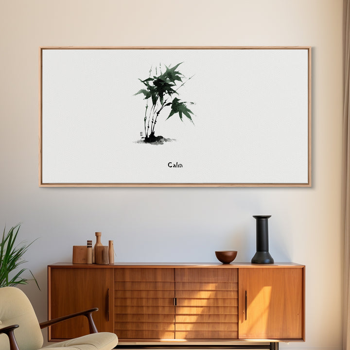 Minimalist Japanese Ink Painting Of Green Maple Leaves Calm Nature Wall Art Framed Canvas Print For Zen Home Decor