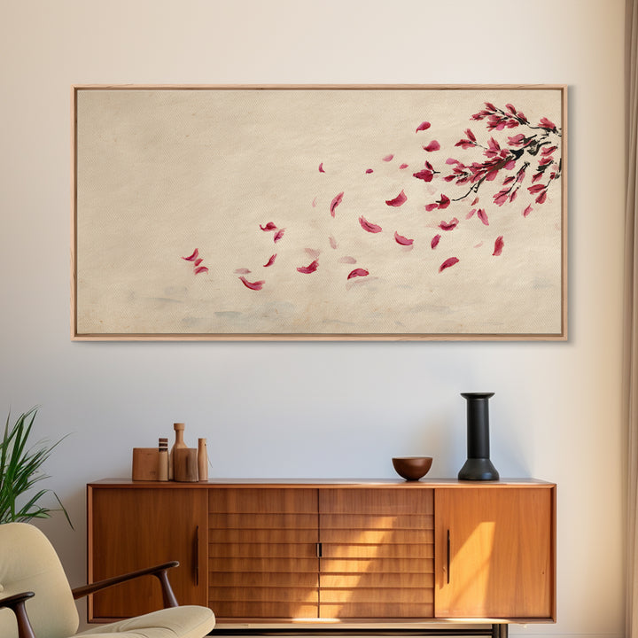 Minimalist Watercolor Red Falling Flower Petals Japanese Painting Art Print Canvas Print For Living Room