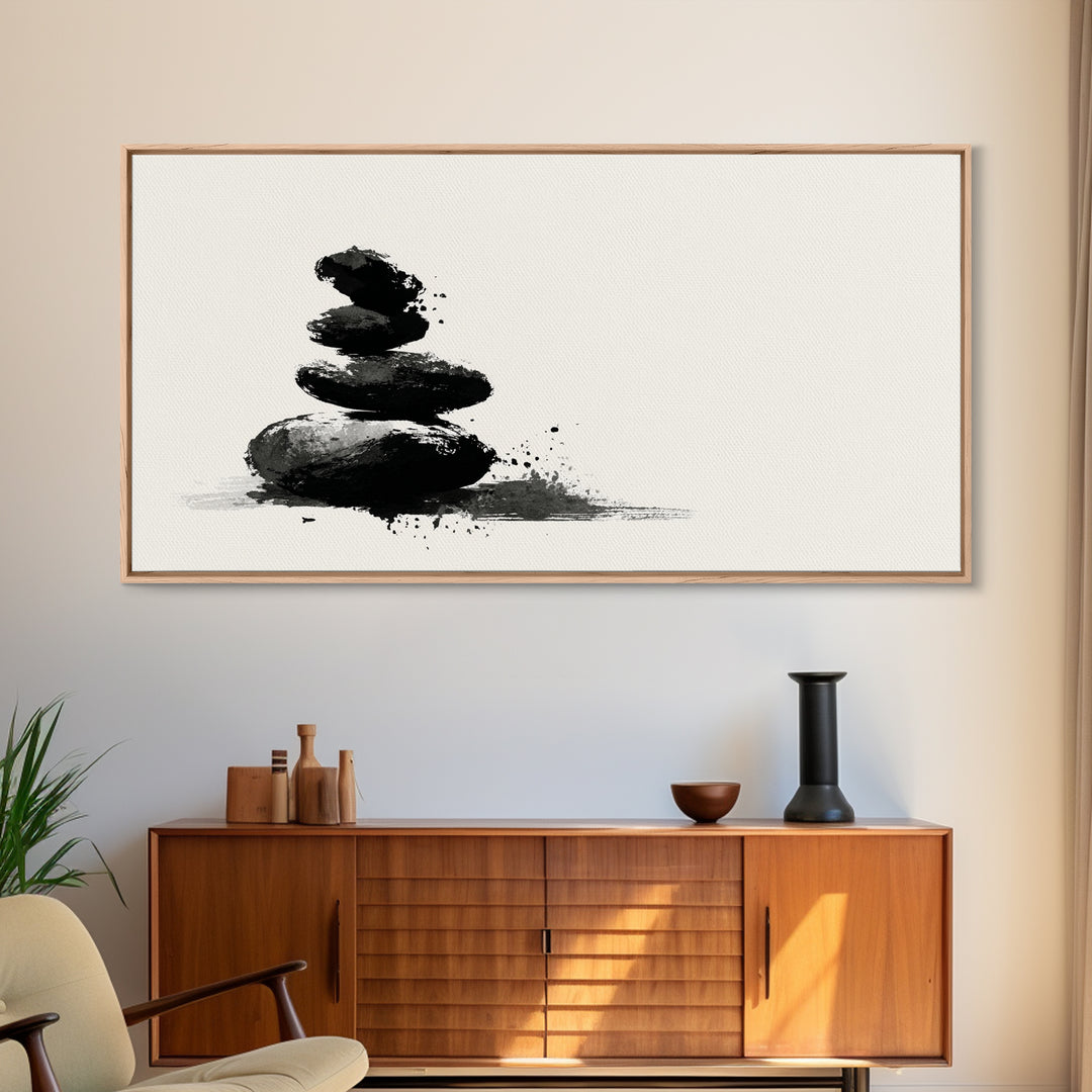 Minimalist Black And White Zen Stones Abstract Painting Wall Art Framed Canvas Print For Modern Home Decor