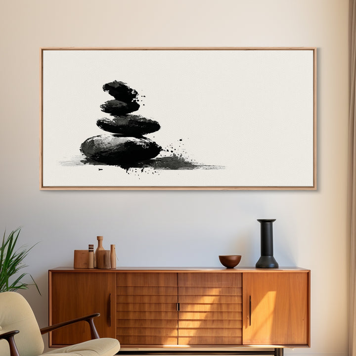 Minimalist Black And White Zen Stones Abstract Painting Wall Art Framed Canvas Print For Modern Home Decor
