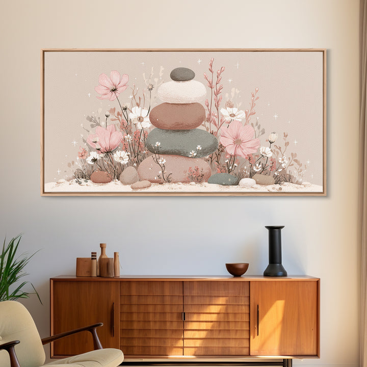 Stacked Zen Stones Wall Art, Pink Floral Spa Decor, Wabi Sabi Neutral Home Decor, Calming Bathroom Meditation Canvas Print