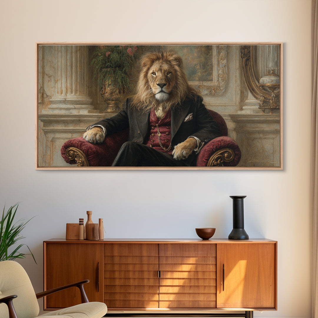 Regal Lion In Velvet Armchair Wall Art, Victorian Animal Portrait, Luxury Home Decor, Moody Living Room Art, Gift For Him